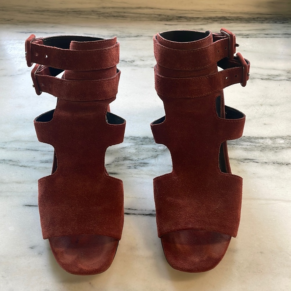 rag & bone suede heeled sandals in brick, size 37